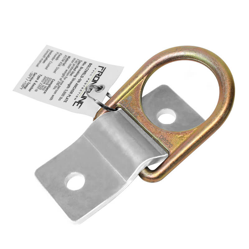 The Frontline Fall Protection SBW01 is a steel and concrete anchor with a gold D-ring, silver base, and two mounting holes for easy installation. Corrosion-resistant, it ensures secure safety harness attachment.