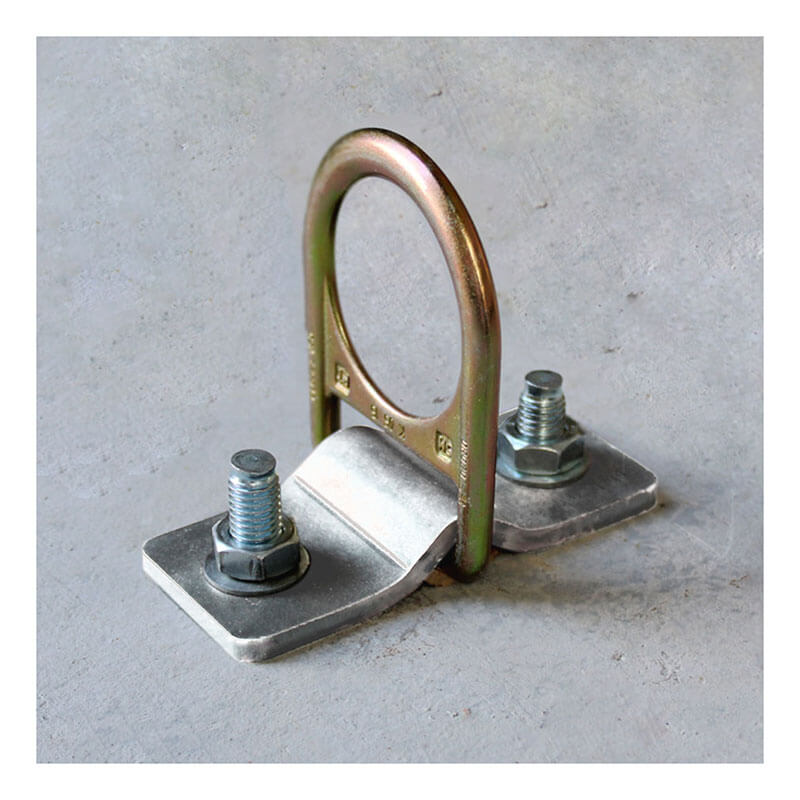The Frontline Weld/Bolt-on Steel & Concrete Anchor SBW01 by Frontline Fall Production features a vertical U-bolt, two bolts, and nuts on a flat metal base, delivering sturdy industrial anchorage with excellent corrosion resistance for concrete surfaces.