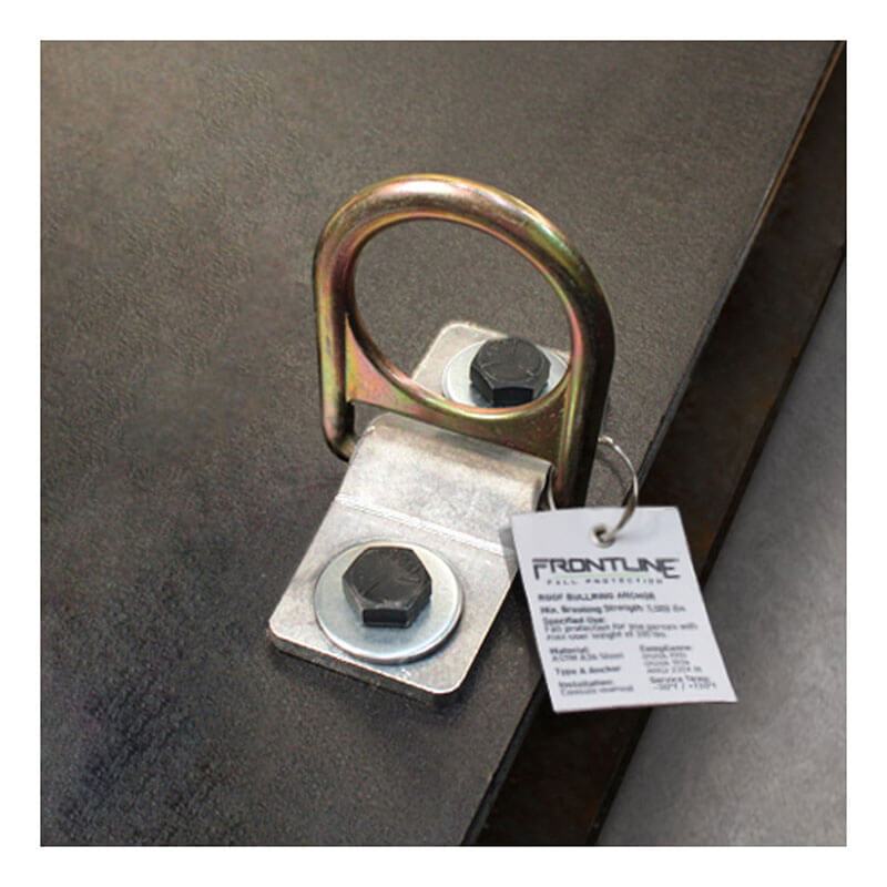 The Frontline Weld/Bolt-on Steel & Concrete Anchor SBW01 features a circular ring, securely bolts to flat steel, is corrosion resistant, and includes a label with the Frontline Fall Production brand and product details attached.