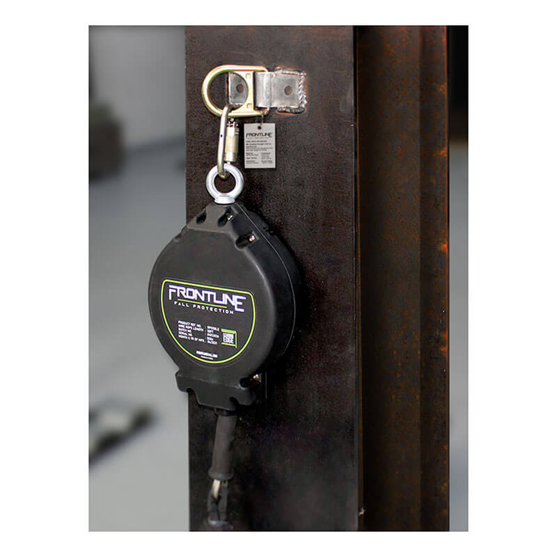 A Frontline Fall Protection Weld/Bolt-on Steel & Concrete Anchor SBW01 is securely attached to a metal beam with a carabiner and corrosion-resistant mounting plate in an industrial setting.