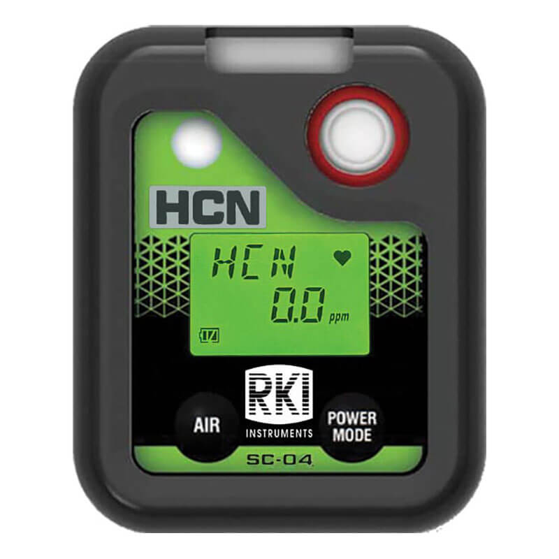 The RKI Instruments SC-04 Series HCN Single Gas Monitor 73-0071 is a handheld device with a digital display showing "HCN 0.0 ppm" and buttons marked "AIR" and "POWER MODE," ideal for personal monitoring in hazardous environments.