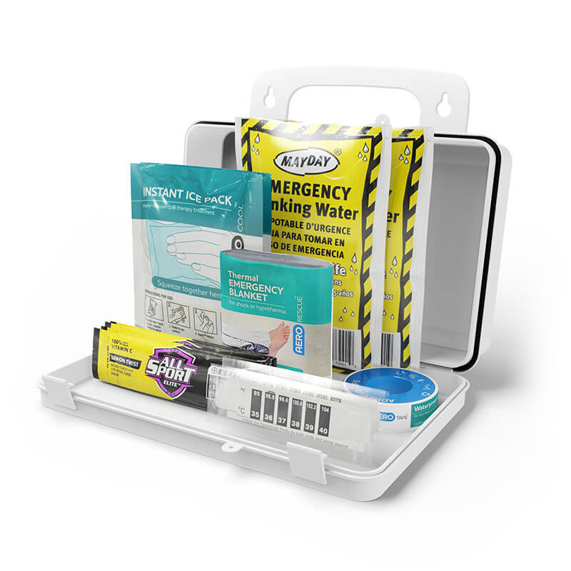 The Aero Healthcare Heat Stress Response Kit Small SFHS10W by Aero Healthcare is open, showing items such as water, an ice pack, thermal blanket, medical tape, pill organizer, and electrolyte drink mix for hydration support.