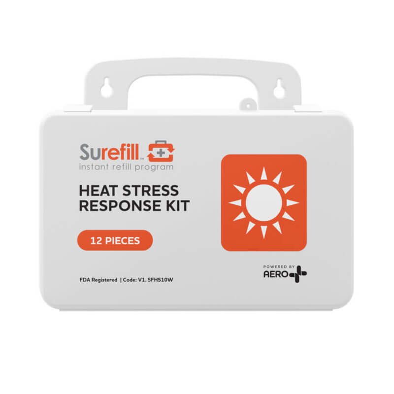 The Aero Healthcare Heat Stress Response Kit Small SFHS10W is a white, FDA-registered case with an orange sun symbol. It holds 12 Cooling Essentials for quick hydration support and heat stress treatment on the go from Aero Healthcare.