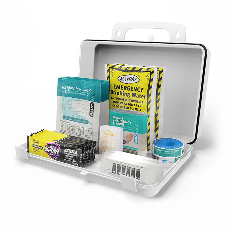 An open Aero Healthcare Heat Stress Response Kit Large SFHS25W displays emergency drinking water, ice packs, antiseptic wipes, bandages, medical tape, and other first aid supplies neatly arranged inside.
