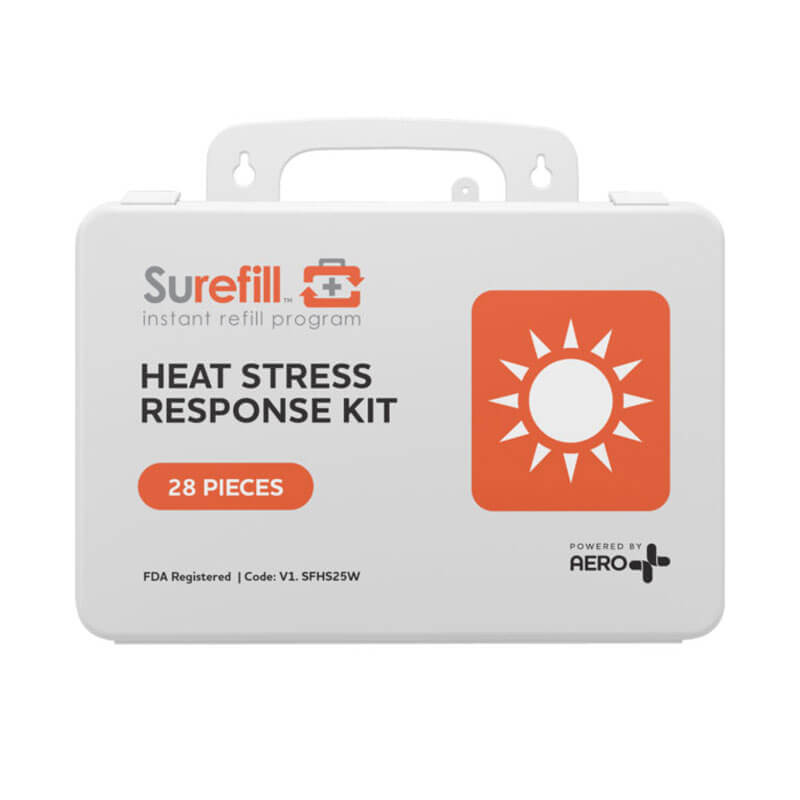 A white Aero Healthcare Heat Stress Response Kit Large SFHS25W box with an orange sun icon, labeled "28 pieces," contains Cooling Essentials and Hydration Support for treating heat stress; features a handle and Aero Healthcare branding.