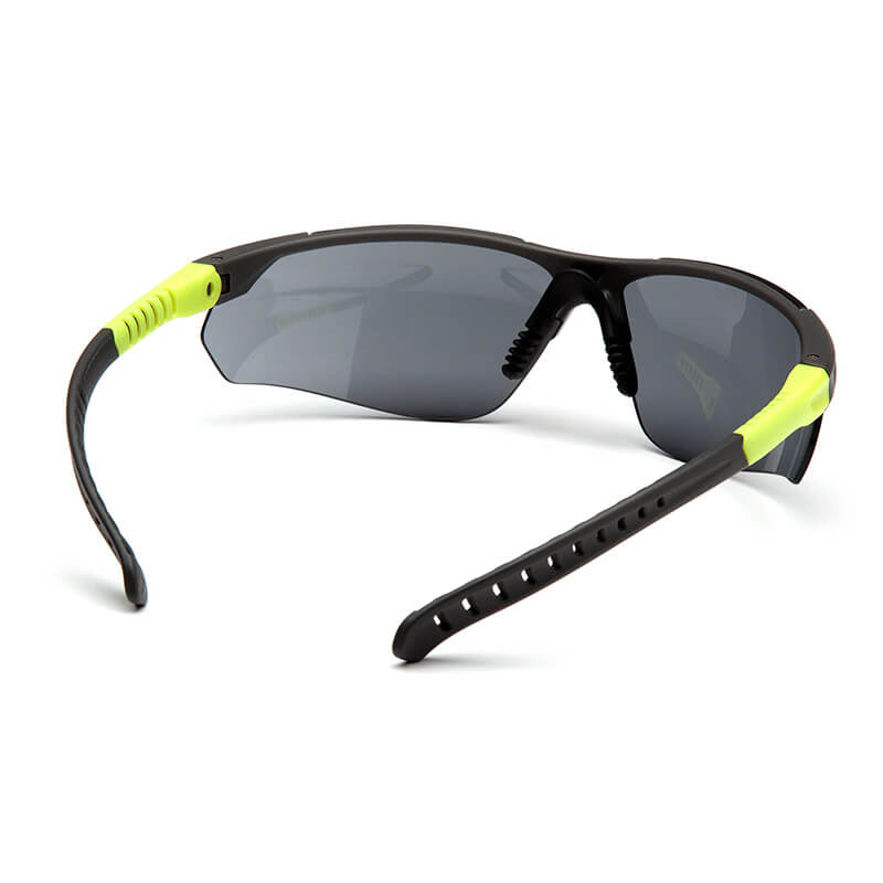 Pyramex Sitecore Safety Glasses SGL101_0DTM by Pyramex Safety feature black and neon yellow frames, tinted lenses, adjustable temples, curved ventilated arms, and rubberized grip tips; shown from rear and angled views.