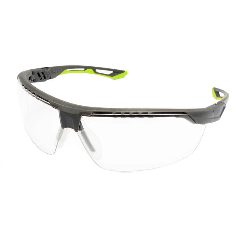 The Pyramex TruFlex Half Frame Safety Glasses by Pyramex Safety feature a sleek black frame with clear, anti-fog lenses and green accents for a modern look. They offer adjustable fit arms to ensure optimal eye protection and comfort.