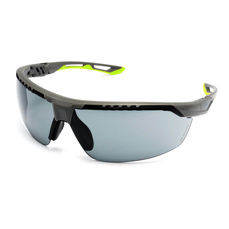 The Pyramex TruFlex Half Frame Safety Glasses by Pyramex Safety feature a sleek design with modern wraparound style. They have gray frames with bright green accents, dark lenses, and vented temple arms for comfort. The adjustable fit ensures these glasses stay secure during any activity.