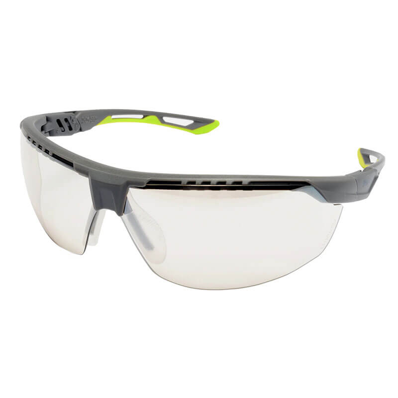 The Pyramex TruFlex Half Frame Safety Glasses by Pyramex Safety feature a gray frame with lime green arm details, clear anti-fog lenses, and an adjustable fit with a wraparound design for full eye protection.