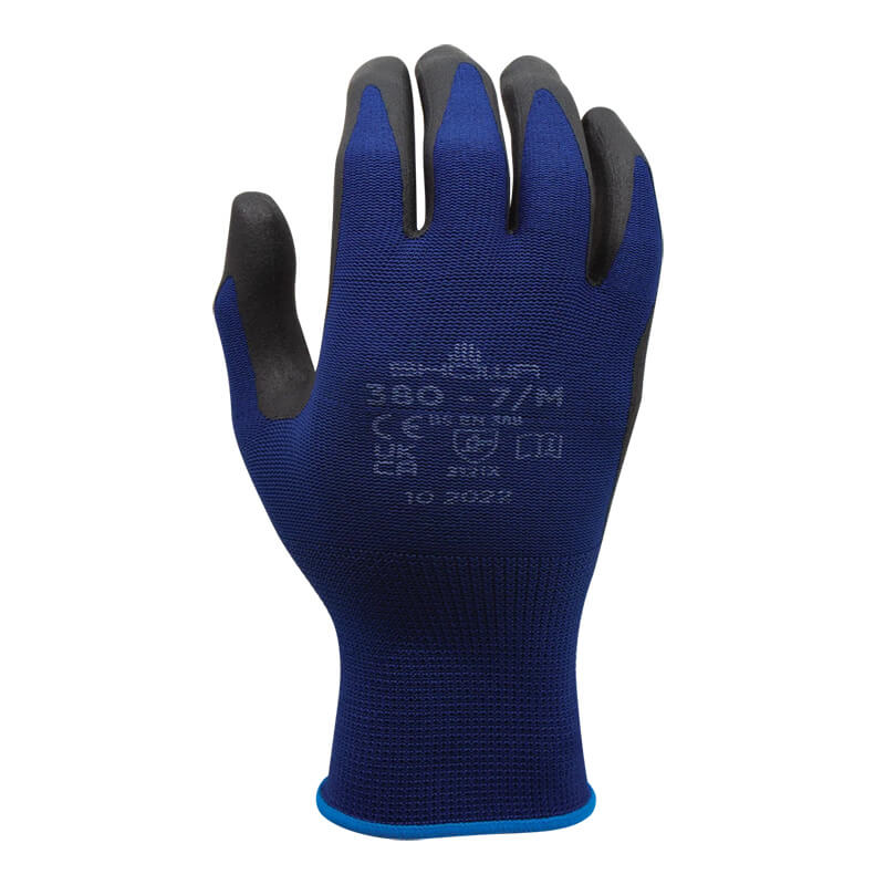 A single SHOWA 380 General Purpose Glove by Showa Best is displayed with the palm facing away and fingers extended, featuring a blue and black nitrile foam grip and white safety markings printed on the back.