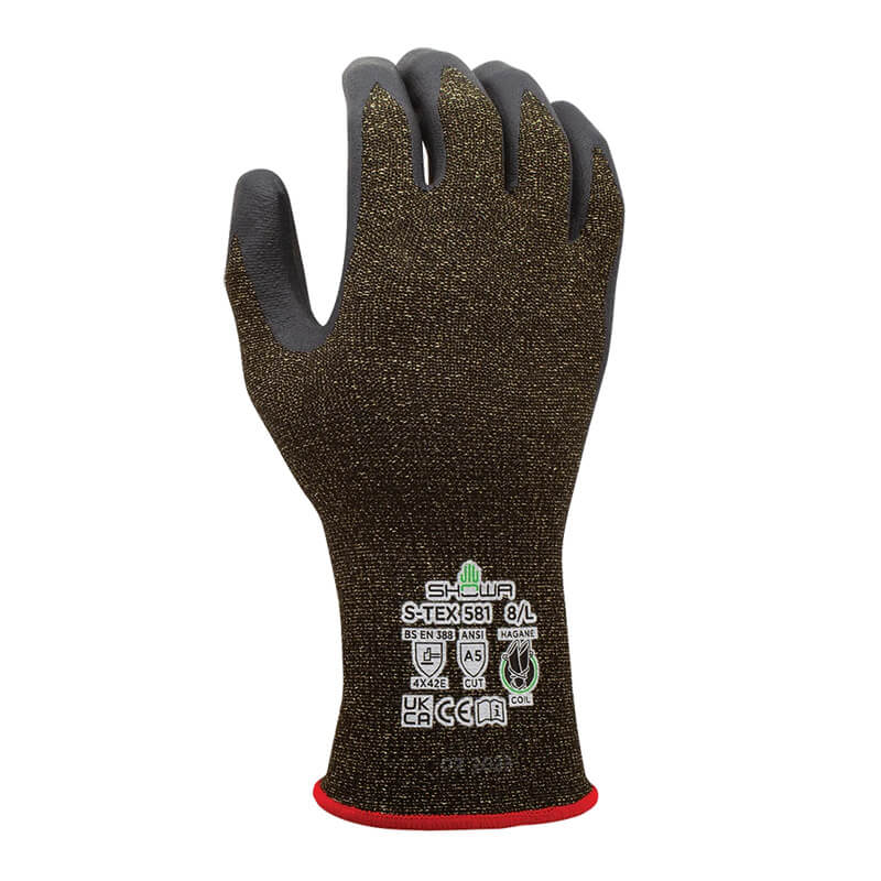 A black and gold SHOWA S-TEX 581 Cut Resistant Glove from Showa Best, designed with a red-trimmed wrist, features a durable nitrile palm coating and displays safety certification symbols alongside the Showa Best brand logo on the back.
