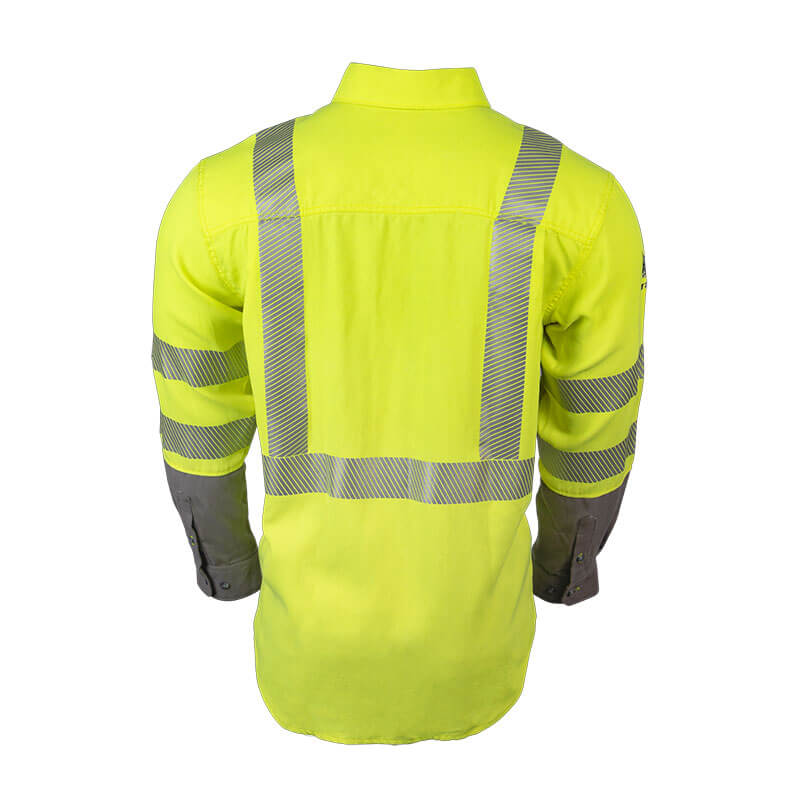 The image shows the NSA DRIFIRE FR Hi-Vis Lightweight Work Shirt Class 3 SHRTS1C3 in bright yellow. It features gray reflective stripes, inherent FR protection, and moisture-wicking technology. This long-sleeve shirt offers enhanced safety and is buttoned at the cuffs.