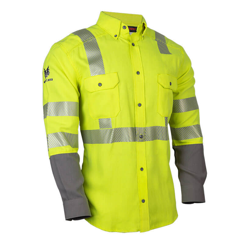 Introducing the NSA DRIFIRE FR Hi-Vis Lightweight Work Shirt Class 3 SHRTS1C3: a bright yellow shirt with chest, arm, and shoulder reflective stripes, two front chest pockets, gray sleeves from elbow down, and moisture-wicking technology. It features a collared neck and button closure.