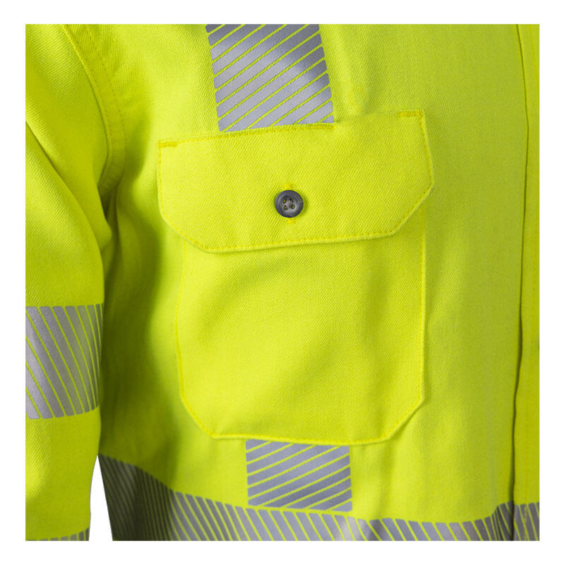 Close-up of the NSA DRIFIRE FR Hi-Vis Lightweight Work Shirt Class 3 SHRTS1C3, showcasing its bright yellow color, silver reflective stripes, buttoned chest pocket, and moisture-wicking fabric. The detailed texture and stitching ensure comfort during intense workdays.