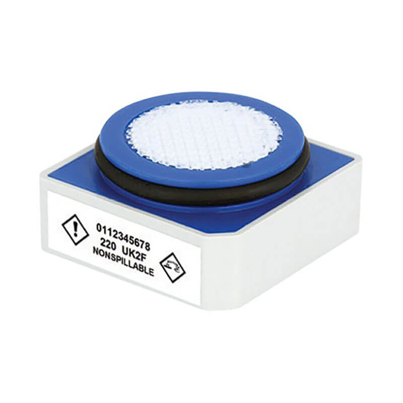 A small, rectangular white and blue Honeywell BW Hydrogen Sulfide (H₂S) Sensor 1-Series SR-H1-1S by BW Technologies, with warning symbols and “0112345678 220 NONSPILLABLE” on the side; top has a textured area with a black ring.