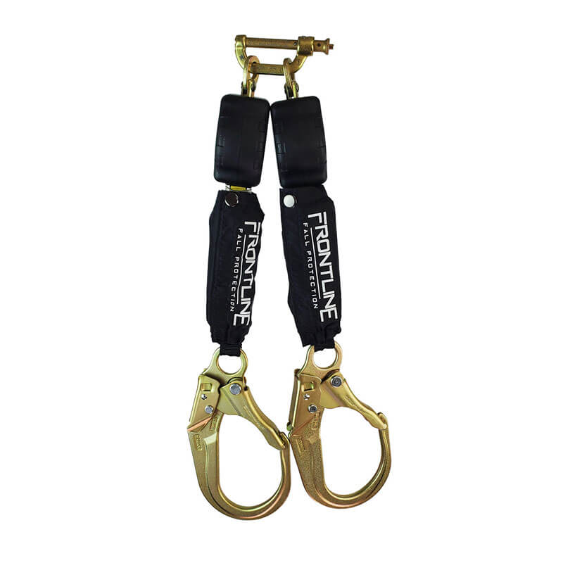 The Frontline Aramid Fiber Web Twin Leg 6' SRL by Frontline Fall Protection is a lightweight dual-leg fall protection lanyard with two large gold safety hooks, black shock absorbers, and a metal top attachment point.