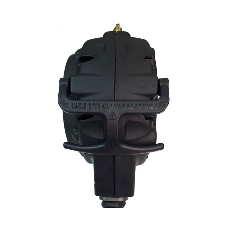 A close-up of the Frontline RPGC Steel Snap Hook SRL with carry handle and tagline by Frontline Fall Protection, featuring a black handheld design labeled “THIS HANDLE IS FOR HAND CARRYING PURPOSE ONLY,” viewed from above on a white background.