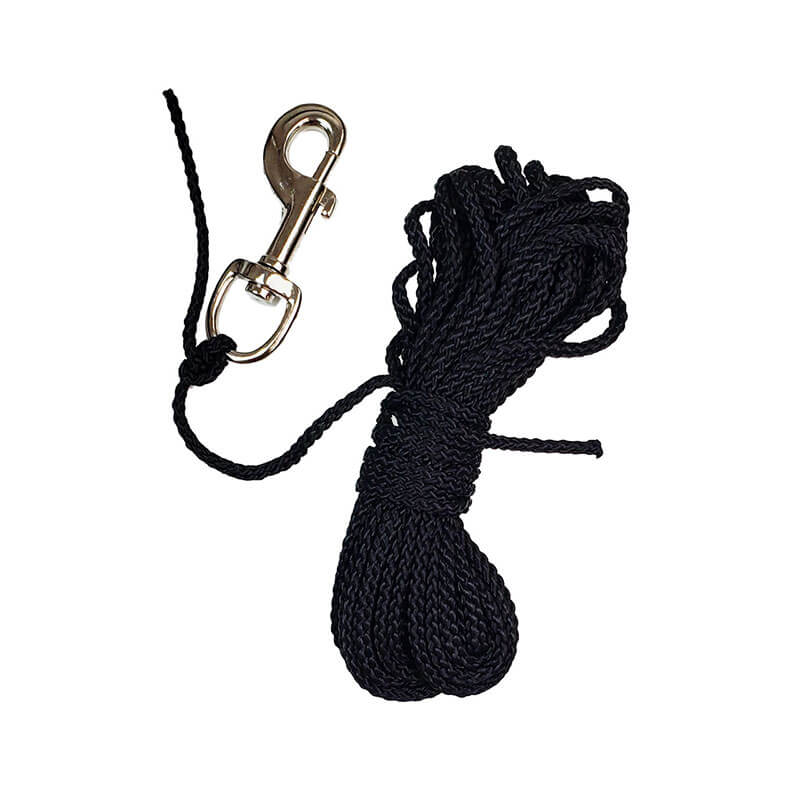The Frontline RPGC Steel Snap Hook SRL by Frontline Fall Protection, featuring a coiled black rope, carry-on handle, and tagline, offers secure fall protection and is shown against a white background.