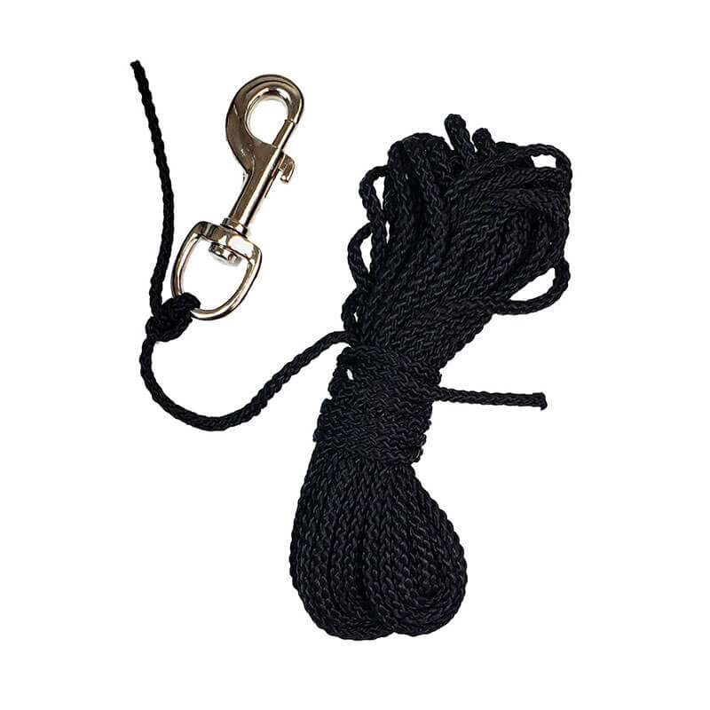 The Frontline Leading Edge SRL Snap Hook with carry handle and tag by Frontline Fall Protection is a black coiled rope featuring a silver metal clip, similar to a self-retracting lifeline for fall protection or securing items.