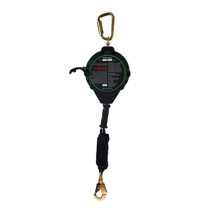 The Frontline Leading Edge SRL Snap Hook w/Carry on Handle & Tag by Frontline Fall Protection features a black casing, carabiner clip, retractable safety line, and metal snap hook for fall protection in construction and industrial jobs.