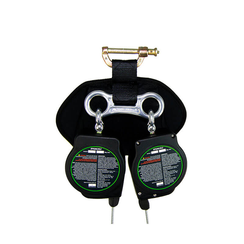 The Frontline Leading Edge Cable Twin Leg 8' SRL by Frontline Fall Protection is a black harness with twin leg SRLs, metal connectors, safety labels, and a sturdy carabiner at the top for secure attachment.