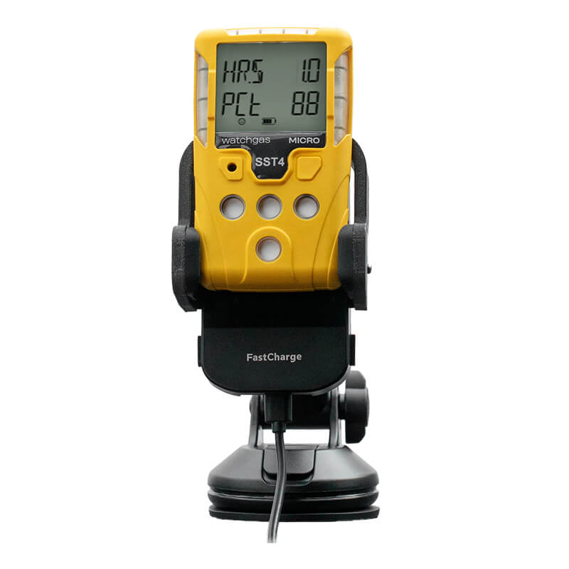 The WatchGas SST Range Wireless Car Charger SST-CAR-CHG is a yellow handheld device with a digital number display, mounted on a black suction cup stand, featuring Qi-certified charging and an included FastCharge-labeled cable.
