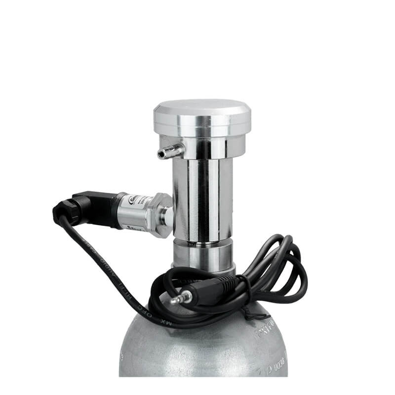 A close-up of a metal gas cylinder fitted with a WatchGas Demand Flow Regulator with Pressure Sensor Valve, and a coiled black power cable, set against a white background.