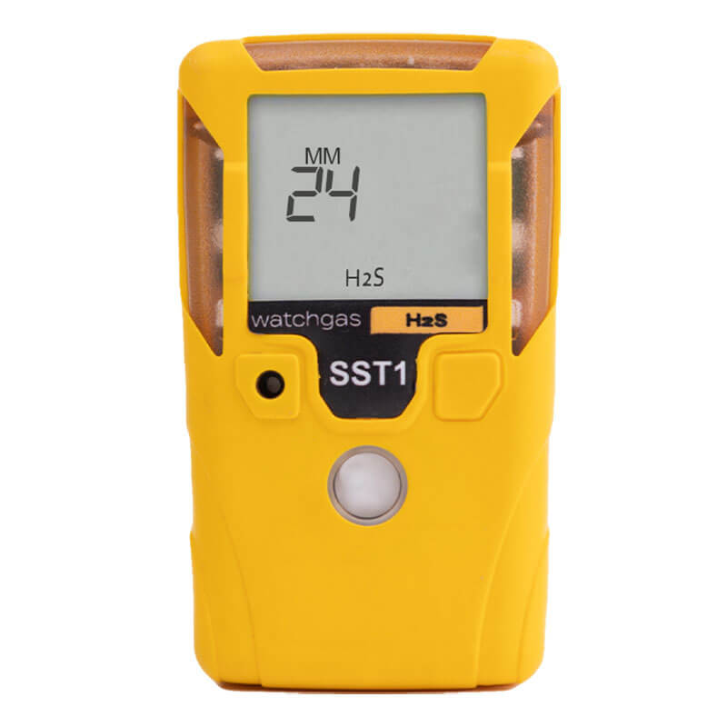 The WatchGas SST1-H-24 is a yellow handheld H2S gas detector with a digital display, buttons, and "WatchGas H2S SST1" label. This reliable personal monitor offers 2 years of service for hydrogen sulfide detection.