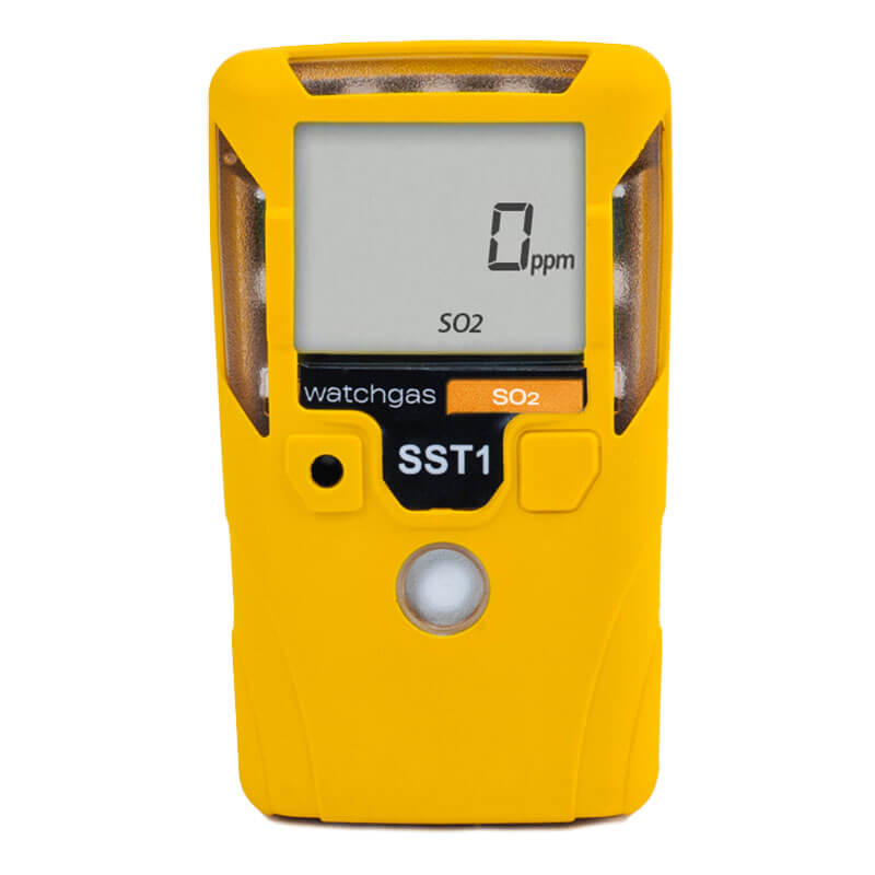 The WatchGas SST1 Serviceable SO2 Gas Detector SST1-S is a yellow handheld device with a digital "0 ppm" display, labeled buttons, and a circular sensor—ideal for reliable SO2 monitoring.