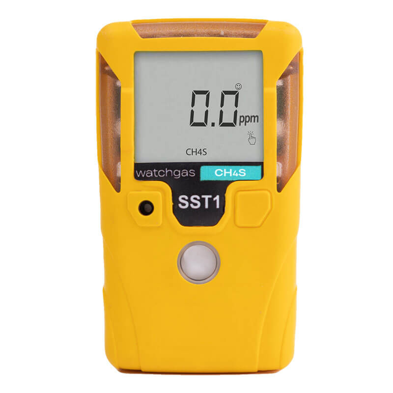A yellow handheld WatchGas SST1 Serviceable CH4S Gas Detector (SST1-MM) with digital display showing "0.0 ppm," labeled "WatchGas," "CH4S," and "SST1." Features a solid polymer sensor for precise readings.