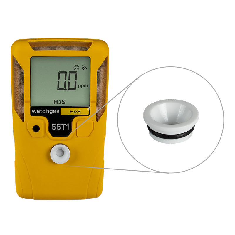A yellow handheld WatchGas H2S gas detector features a digital display reading “0 ppm.” A close-up reveals its advanced internal sensor protection, enhanced by the WatchGas SST1 External Filter for Fine Particles. The round, white filter with a black ring ensures superior performance and compatibility with other SST1 accessories.