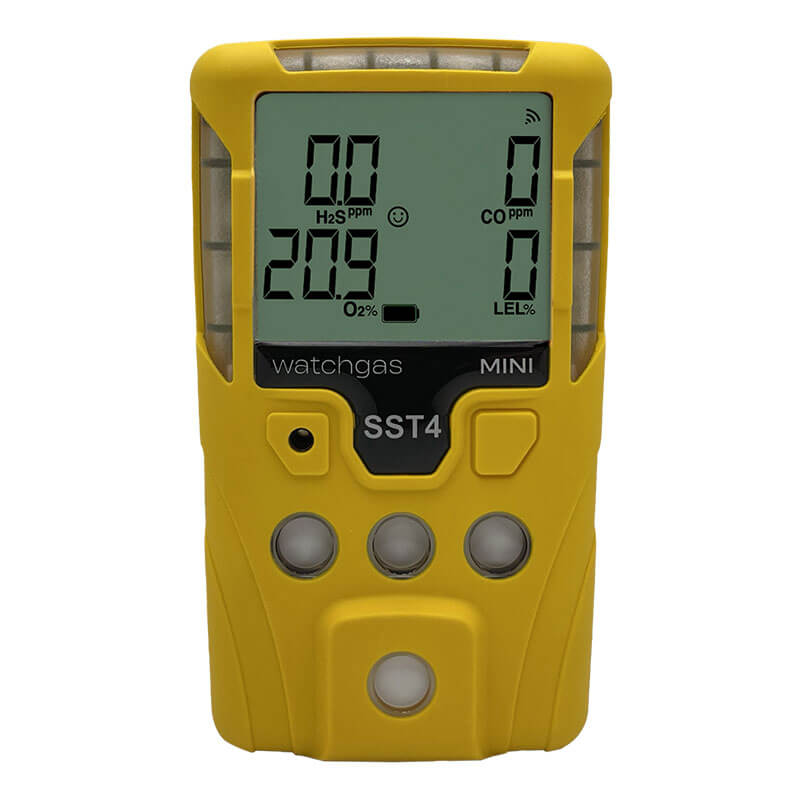 The WatchGas SST4-MINI Diffusion 4-Gas Detector is a yellow handheld device with a digital screen showing H2S, CO, and O2 readings plus four round buttons. Ideal for gas monitoring in hazardous material response situations.