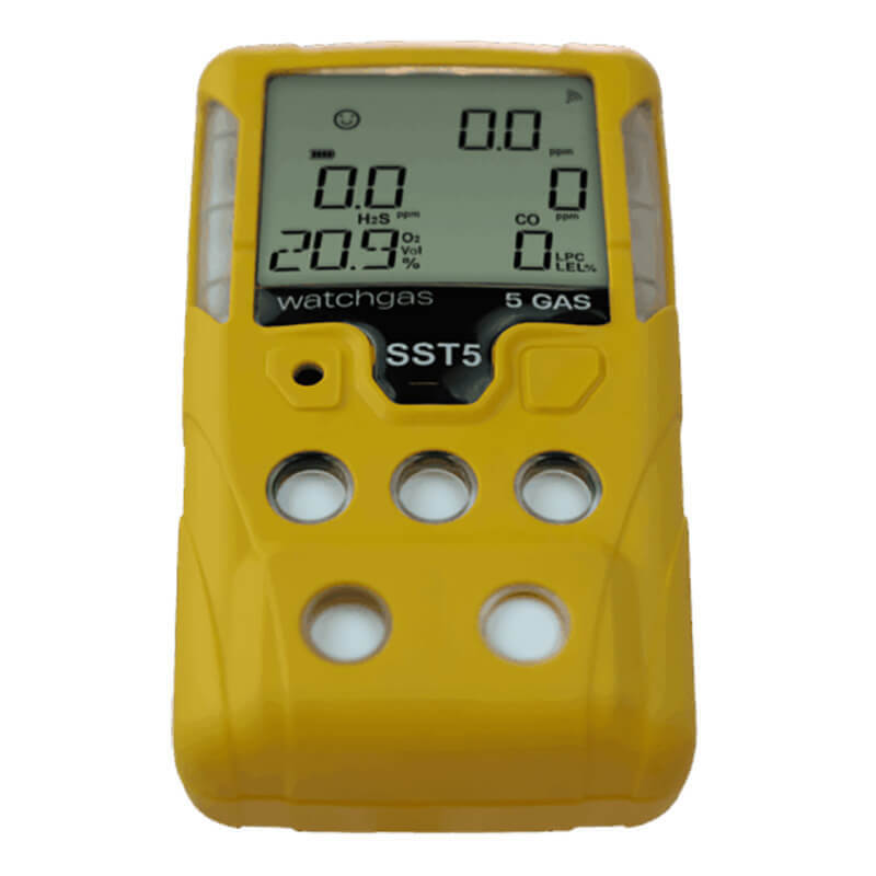 The WatchGas SST5 Diffusion 5-Gas Detector LPC/O2/CO/H2S/Exotic by WatchGas is a yellow handheld industrial gas detector featuring a digital display for gas readings, including H₂S, CO, and O₂ levels. This advanced device provides reliable multi-gas monitoring for safety in demanding environments.