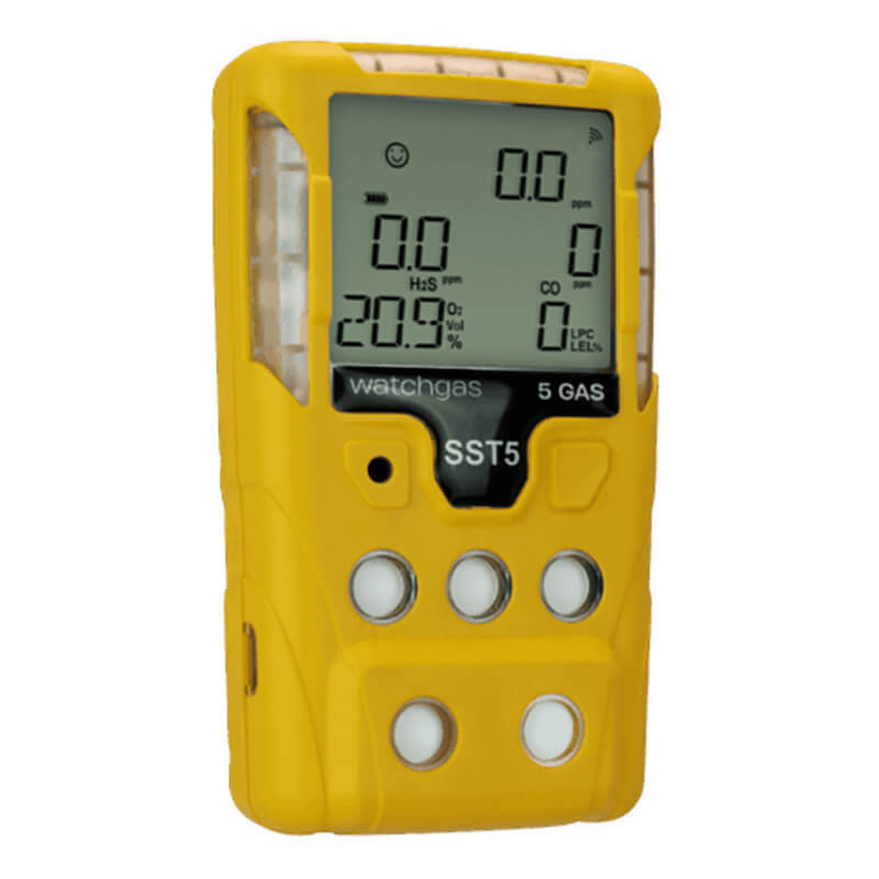 Sure! Here’s a rewritten version using your product data: The WatchGas SST5 Diffusion 5-Gas Detector LPC/O2/CO/H2S/Exotic by WatchGas is a yellow handheld device equipped with a digital display for real-time monitoring of gas concentrations, supporting comprehensive detection. Labeled “WatchGas SST5,” it features four round buttons below the screen for straightforward operation.