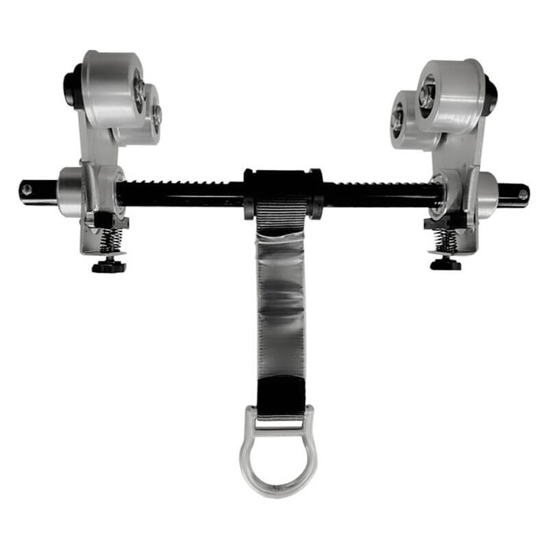 The Frontline Beam Trolley Anchor by Frontline Fall Protection fits 3"-10" I-beams and features four wheels, a central rod, adjustable parts, and a black strap with metal D-ring—ideal as an I-beam anchoring device for industrial or climbing use.