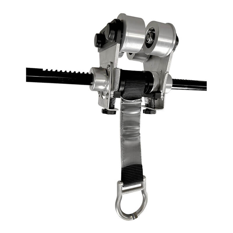 The Frontline Beam Trolley Anchor by Frontline Fall Protection fits 3"-10" wide I-beams and features wheels, a hanging strap, and a metal D-ring for attaching a self-retracting lifeline or safety harness.