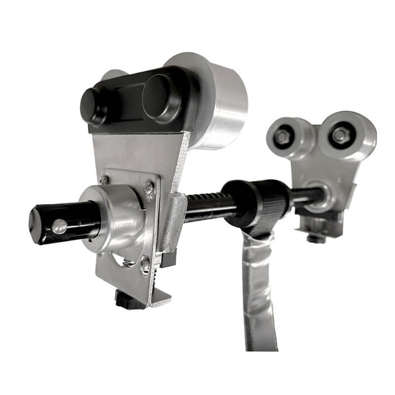 Close-up of the Frontline Beam Trolley Anchor by Frontline Fall Protection, designed for 3"-10" wide I-beams, featuring black and silver wheels for smooth movement and a safety strap below for secure overhead support.