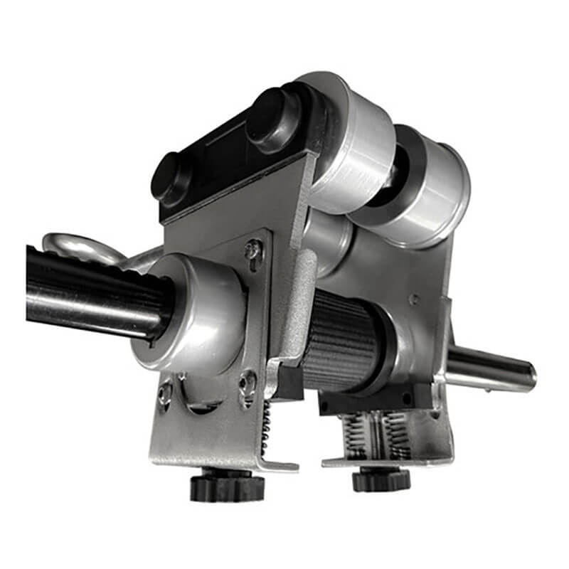 Close-up of the Frontline Beam Trolley Anchor (3"-10" I-Beams) by Frontline Fall Protection, with rollers, dual adjustment knobs, and springs. Designed for safe movement along I-beams; perfect anchor device for self-retracting lifelines.