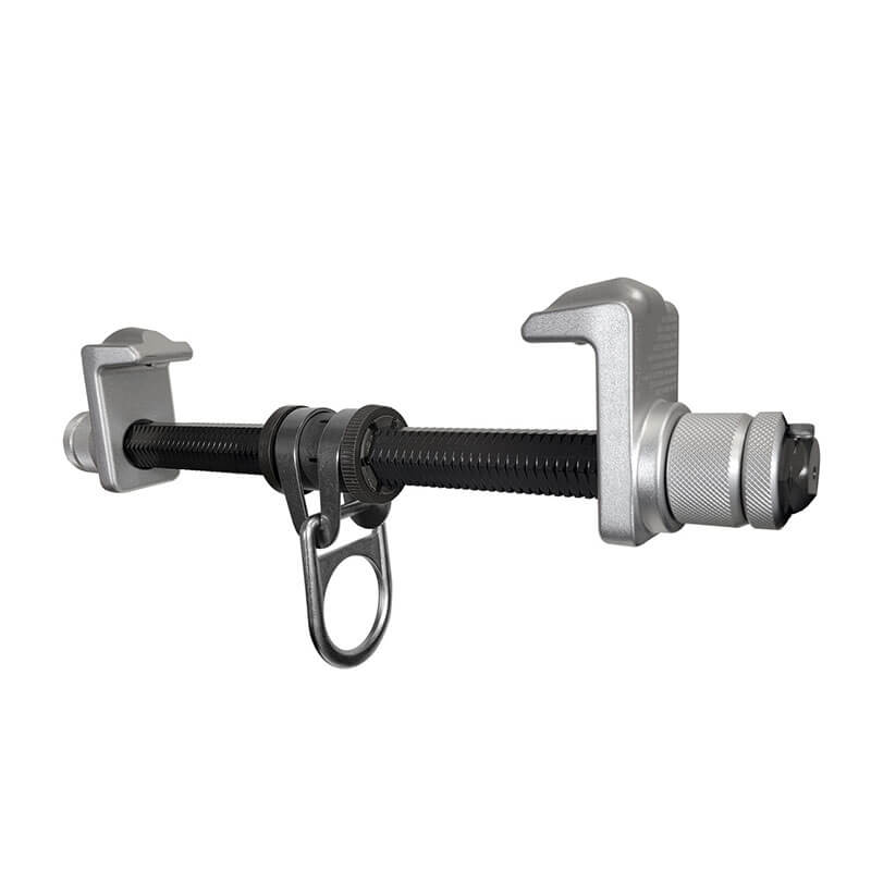 The Frontline Aluminum Sliding I-Beam Anchor by Frontline Fall Protection features a threaded rod, adjustable jaws, and a central ring for securing objects to I-beams.