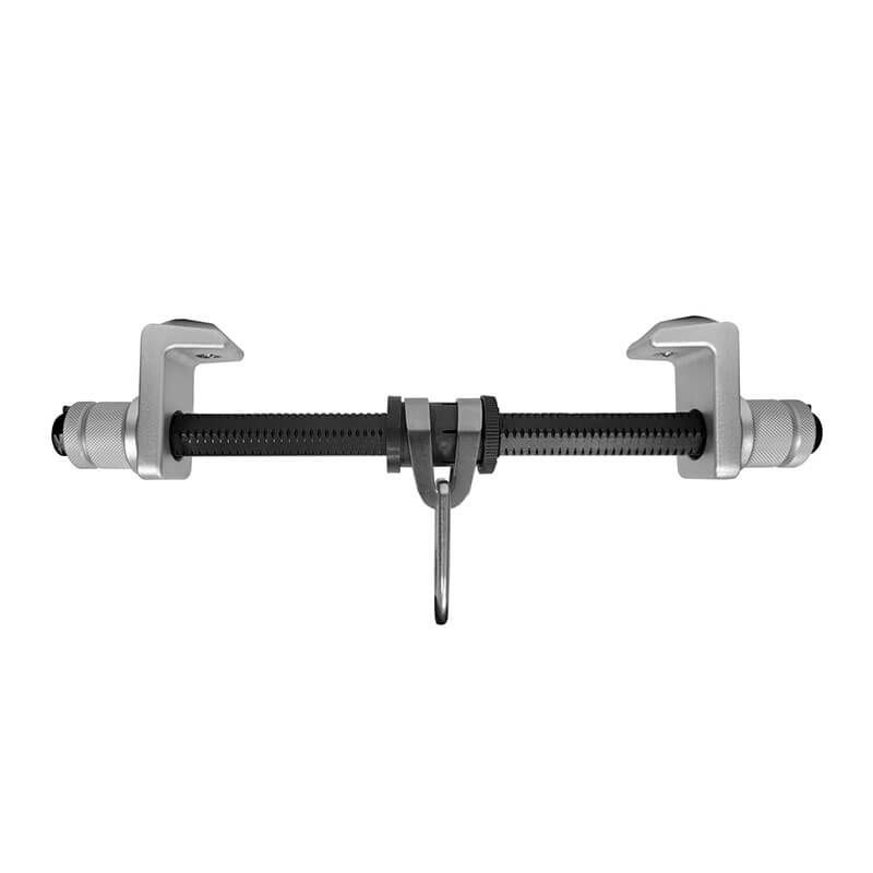 The Frontline Fall Protection Frontline Aluminum Sliding I-Beam Anchor, shown from the front on a white background, features an adjustable aluminum design similar to a two-arm metal gear puller with a central threaded rod.