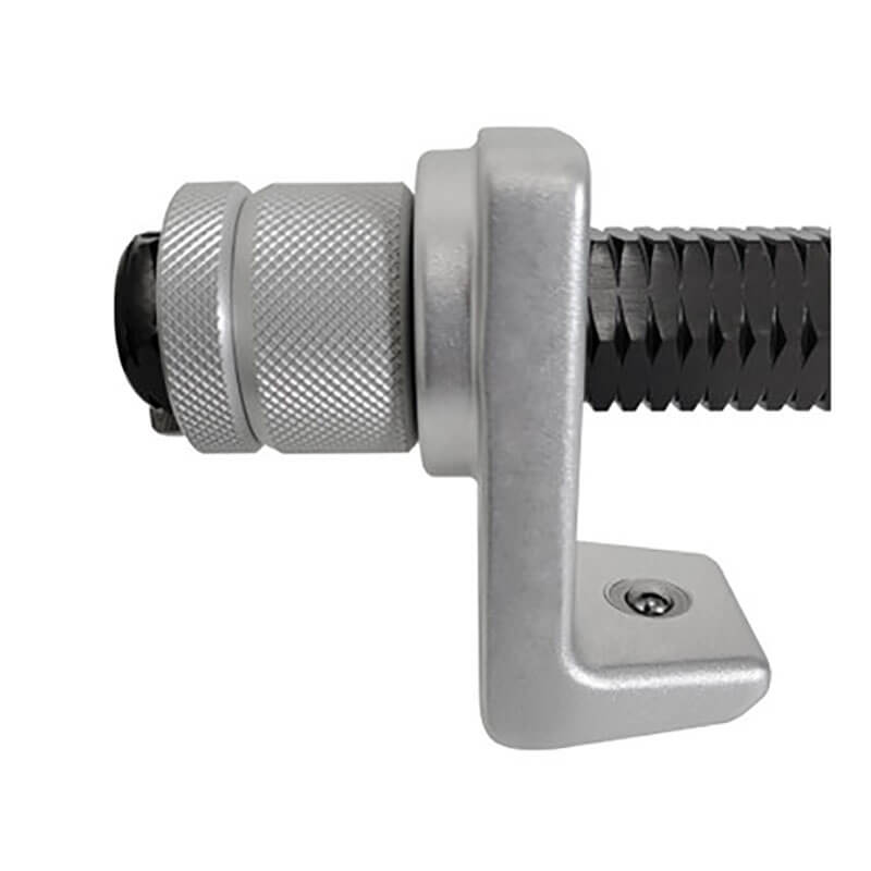 Close-up of a metallic cable stop and tensioner, commonly used with the Frontline Aluminum Sliding I-Beam Anchor by Frontline Fall Protection to secure and tighten cables, shown attached to a black braided cable.