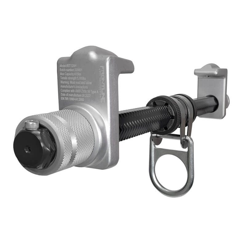 Close-up of a Frontline Aluminum Sliding I-Beam Anchor by Frontline Fall Protection, featuring a textured handle, circular ring, and engraved text—commonly used for fall protection in industrial safety applications.