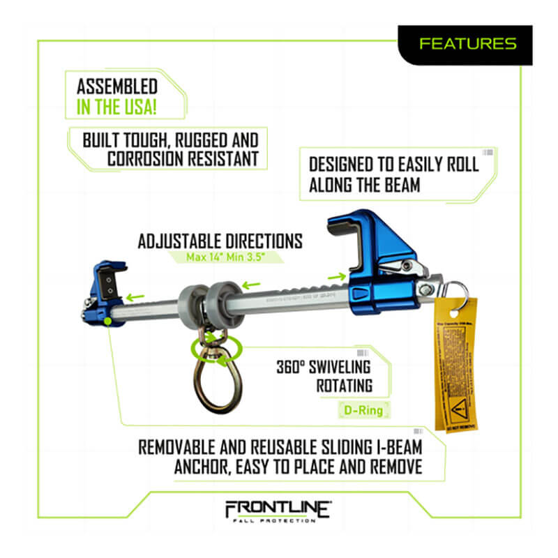 An illustrated diagram showcases the Frontline Bantam Beamer Anchor by Frontline Fall Protection, for 3.5"-14" I-beams, featuring a 360° swivel D-ring, adjustable direction, corrosion-resistant aluminum parts, and easy installation.