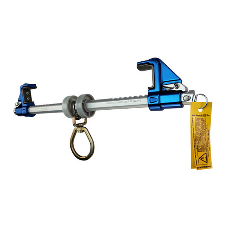 The Frontline Bantam Beamer Anchor by Frontline Fall Protection fits 3.5"-14" wide I-beams and features a blue/silver metal clamp, adjustable jaw, attached metal D-ring, gray rubber rings, and a yellow warning tag for secure aluminum anchor connections.