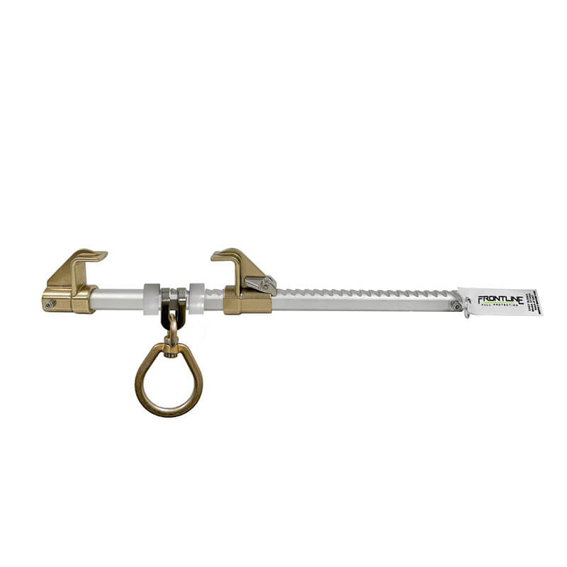 The Frontline Easy Slider Beam Walker Anchor (3.5"-14" I-Beams) by Frontline Fall Production features two gold clamps, a toothed central bar, a large circular metal ring attachment, and a "FRONTLINE" branded label on the right end.