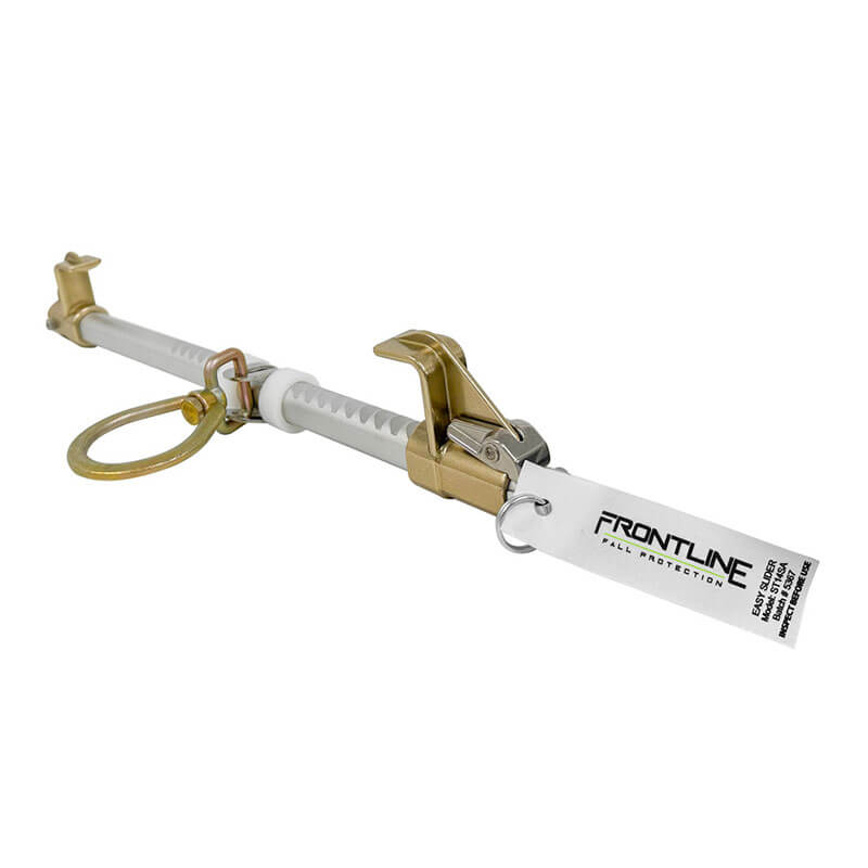 The Frontline Easy Slider Beam Walker Anchor (3.5"-14" I-Beams) by Frontline Fall Protection has a gold locking mechanism, D-ring, and white tag with product info. This reusable anchor ensures safety and durability for worksite fall protection.