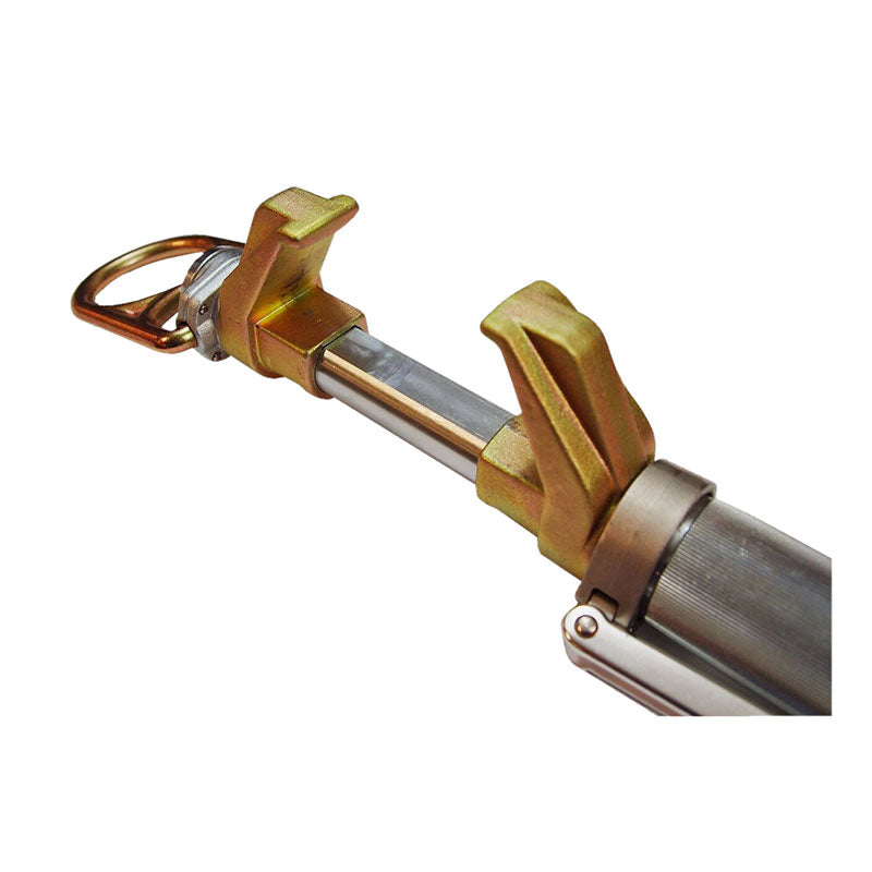 Close-up of the Frontline Vertical/Horizontal Fixed Beam Clamp (4"-14" I-Beams) by Frontline Fall Production, featuring a heavy-duty metal tensioning tool, gold beam clamps, and D-ring for steel anchoring, isolated on white.