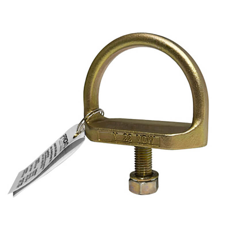 The Frontline Steel Bolt Screw Anchor STB01 by Frontline Fall Protection is a brass-colored D-ring reusable anchor with a steel bolt and nut on a metal plate, featuring an info tag. Ideal for use in steel structures.