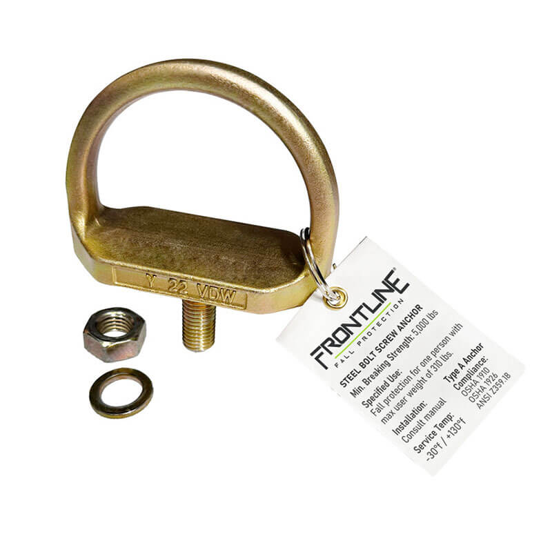 The Frontline Steel Bolt Screw Anchor STB01 by Frontline Fall Production is a reusable anchor with a steel D-ring, bolt, washer, nut, and product tag—ideal for securing to steel structures. Shown on a white background.
