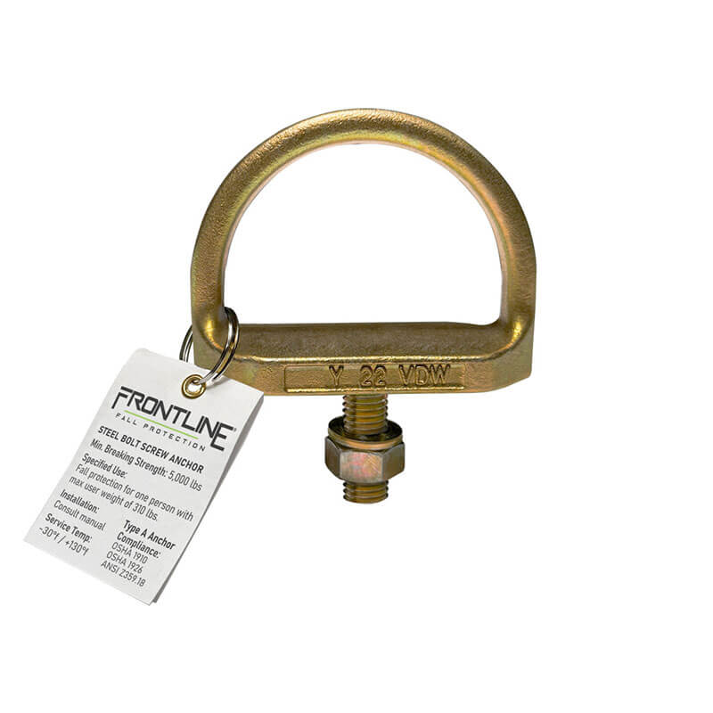 The Frontline Fall Protection Steel Bolt Screw Anchor STB01 is a gold-colored, reusable anchor with a D-ring and "FRONTLINE" tag, designed for fall protection and secure anchoring on steel structures.